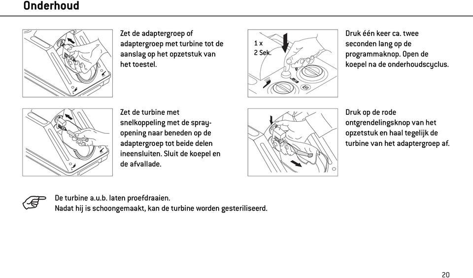 Zet de turbine met snelkoppeling met de sprayopening naar beneden op de adaptergroep tot beide delen ineensluiten.