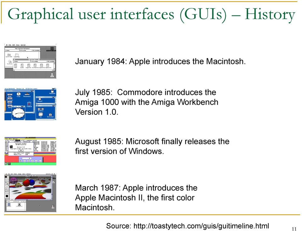 0 with the Amiga Workbench Version 1.0. August 1985: Microsoft finally releases the first version of Windows.