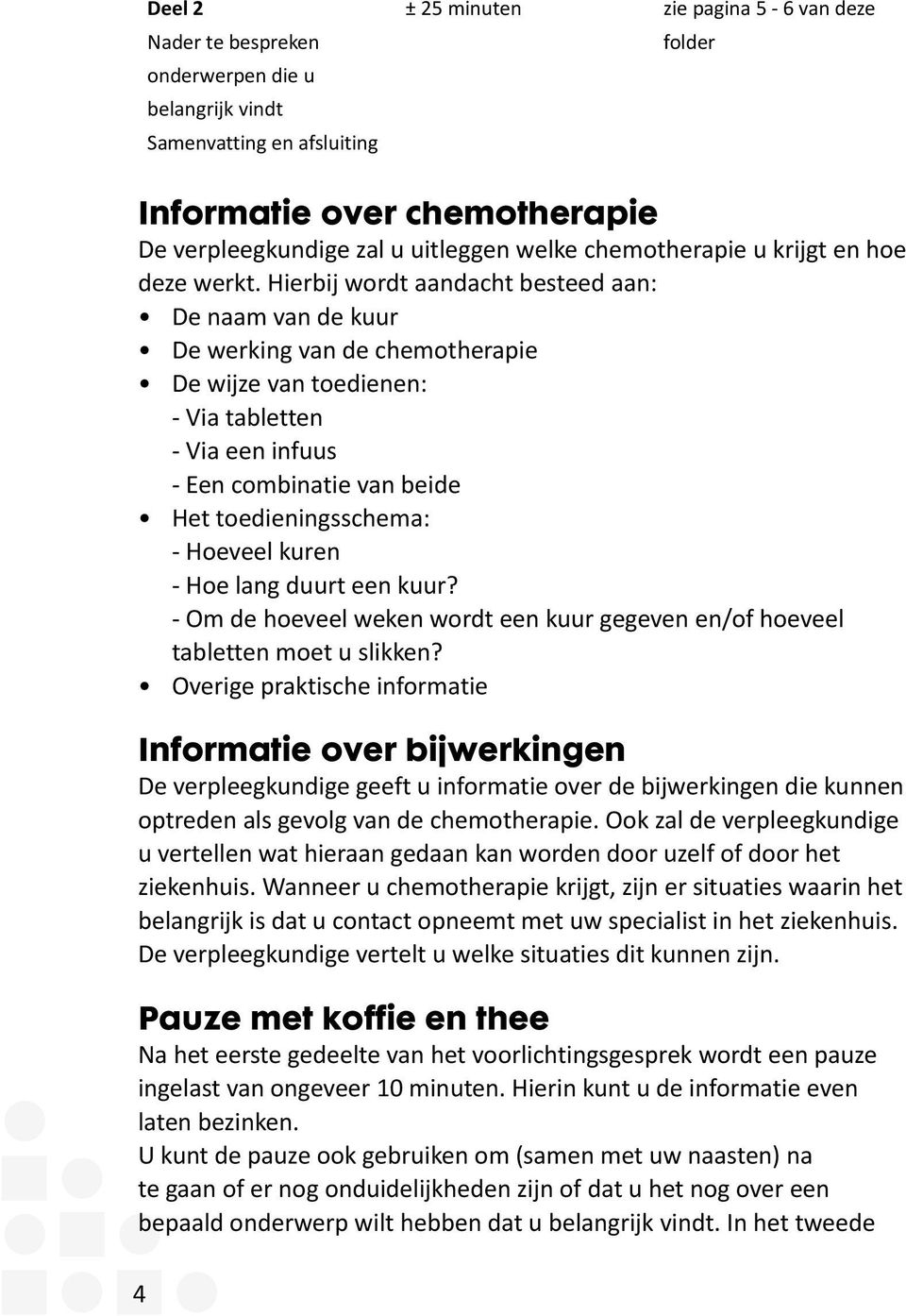 Hierbij wordt aandacht besteed aan: De naam van de kuur De werking van de chemotherapie De wijze van toedienen: - Via tabletten - Via een infuus - Een combinatie van beide Het toedieningsschema: -