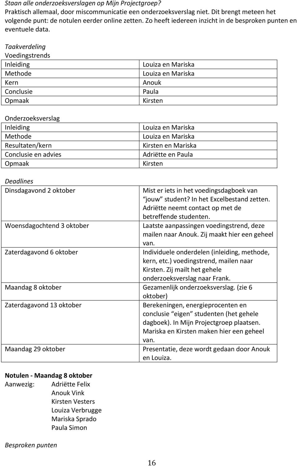 Taakverdeling Voedingstrends Inleiding Methode Kern Conclusie Opmaak Onderzoeksverslag Inleiding Methode Resultaten/kern Conclusie en advies Opmaak Louiza en Mariska Louiza en Mariska Anouk Paula