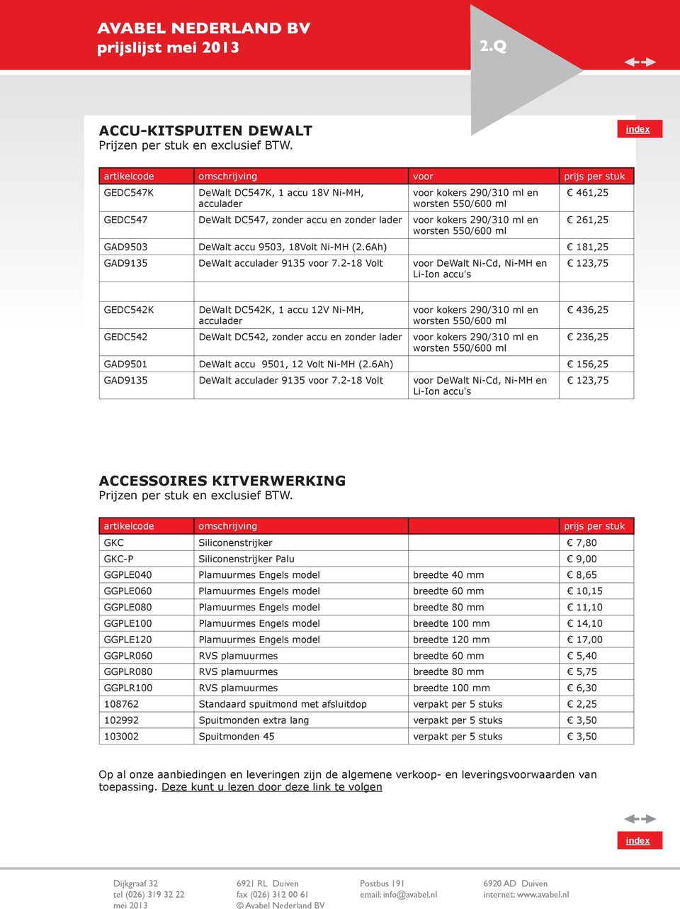 kokers 290/310 ml en worsten 550/600 ml 461,25 261,25 GAD9503 DeWalt accu 9503, 18Volt Ni-MH (2.6Ah) 181,25 GAD9135 DeWalt acculader 9135 voor 7.