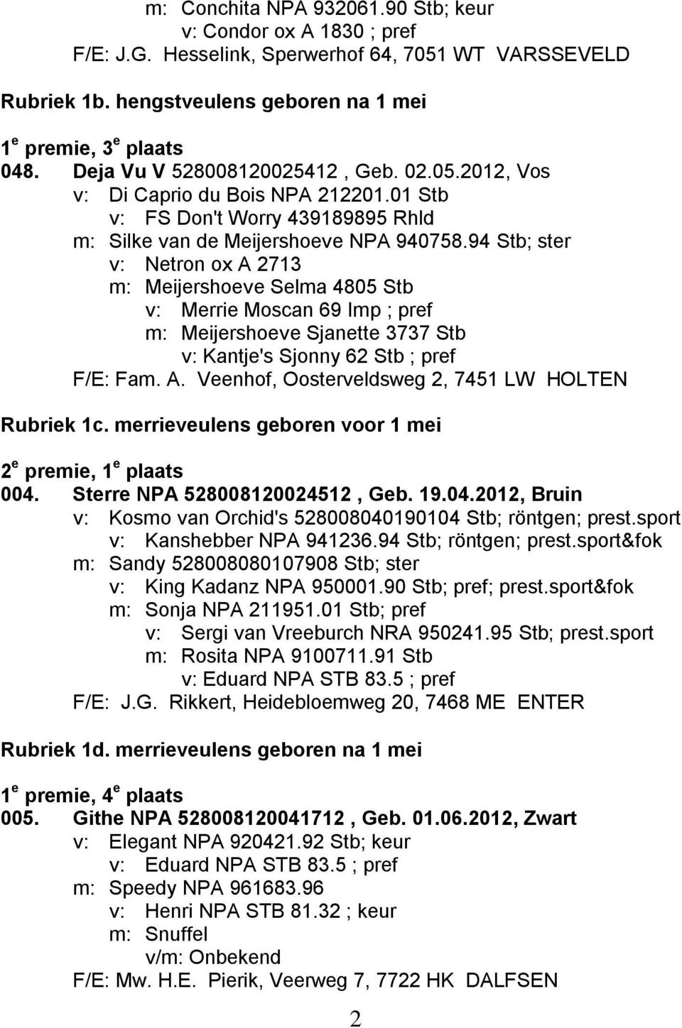 94 Stb; ster v: Netron ox A 2713 m: Meijershoeve Selma 4805 Stb v: Merrie Moscan 69 Imp ; pref m: Meijershoeve Sjanette 3737 Stb v: Kantje's Sjonny 62 Stb ; pref F/E: Fam. A. Veenhof, Oosterveldsweg 2, 7451 LW HOLTEN Rubriek 1c.