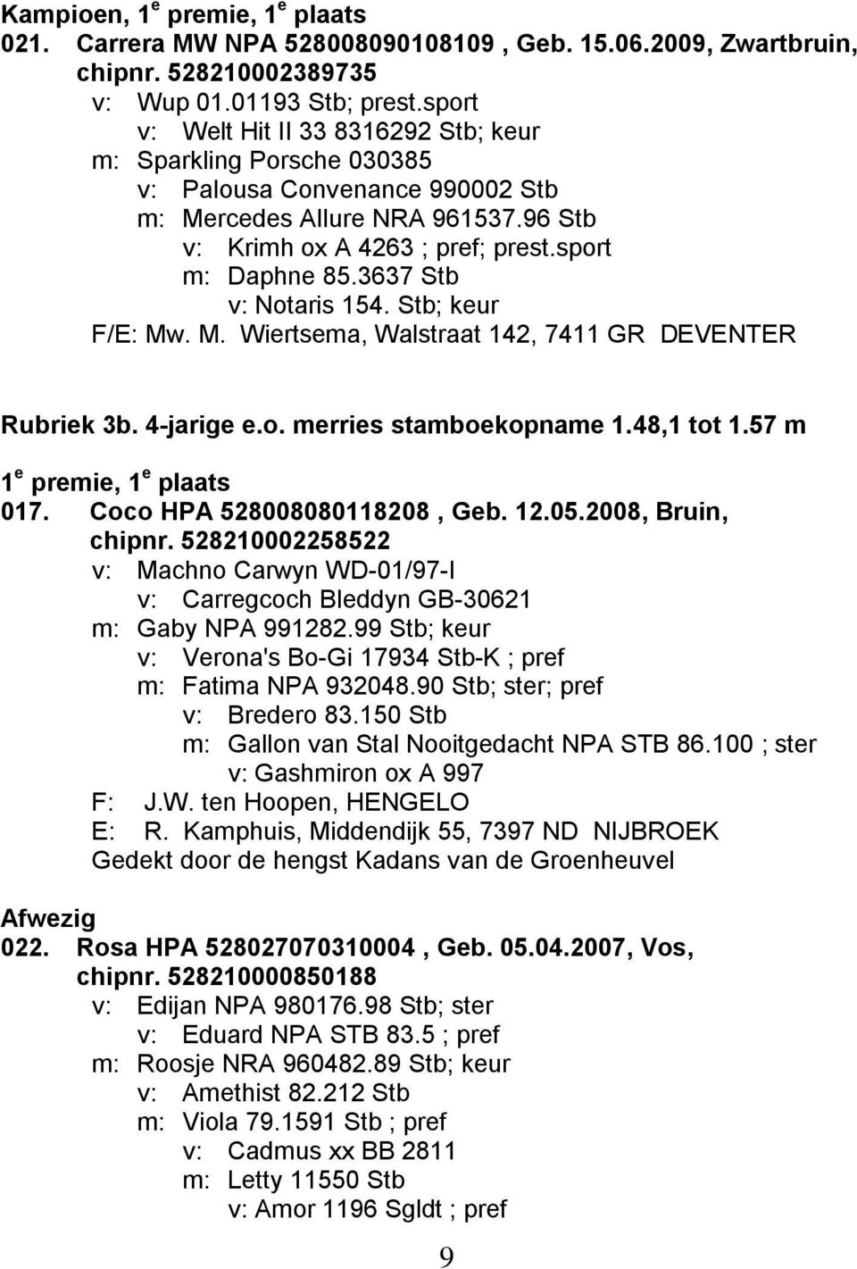 3637 Stb v: Notaris 154. Stb; keur F/E: Mw. M. Wiertsema, Walstraat 142, 7411 GR DEVENTER Rubriek 3b. 4-jarige e.o. merries stamboekopname 1.48,1 tot 1.57 m 1 e premie, 1 e plaats 017.