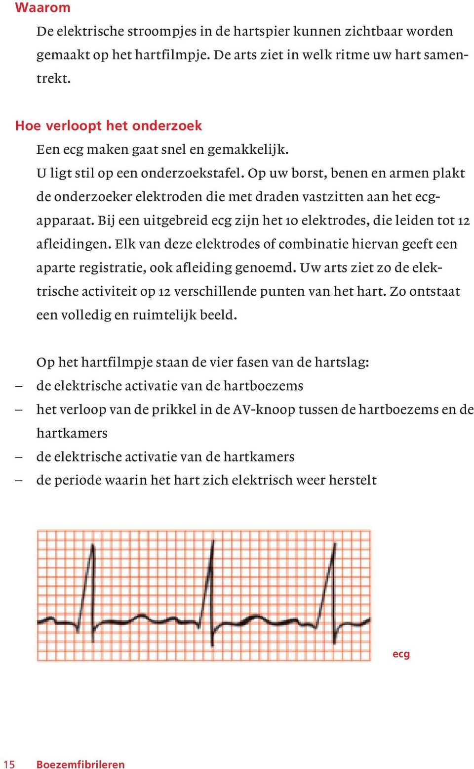 Op uw borst, benen en armen plakt de onderzoeker elektroden die met draden vastzitten aan het ecgapparaat. Bij een uitgebreid ecg zijn het 10 elektrodes, die leiden tot 12 afleidingen.