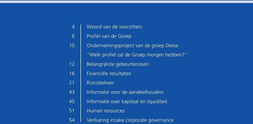 12 Belangrijkste gebeurtenissen 16 Financiële resultaten 21 Risicobeheer 43 Informatie