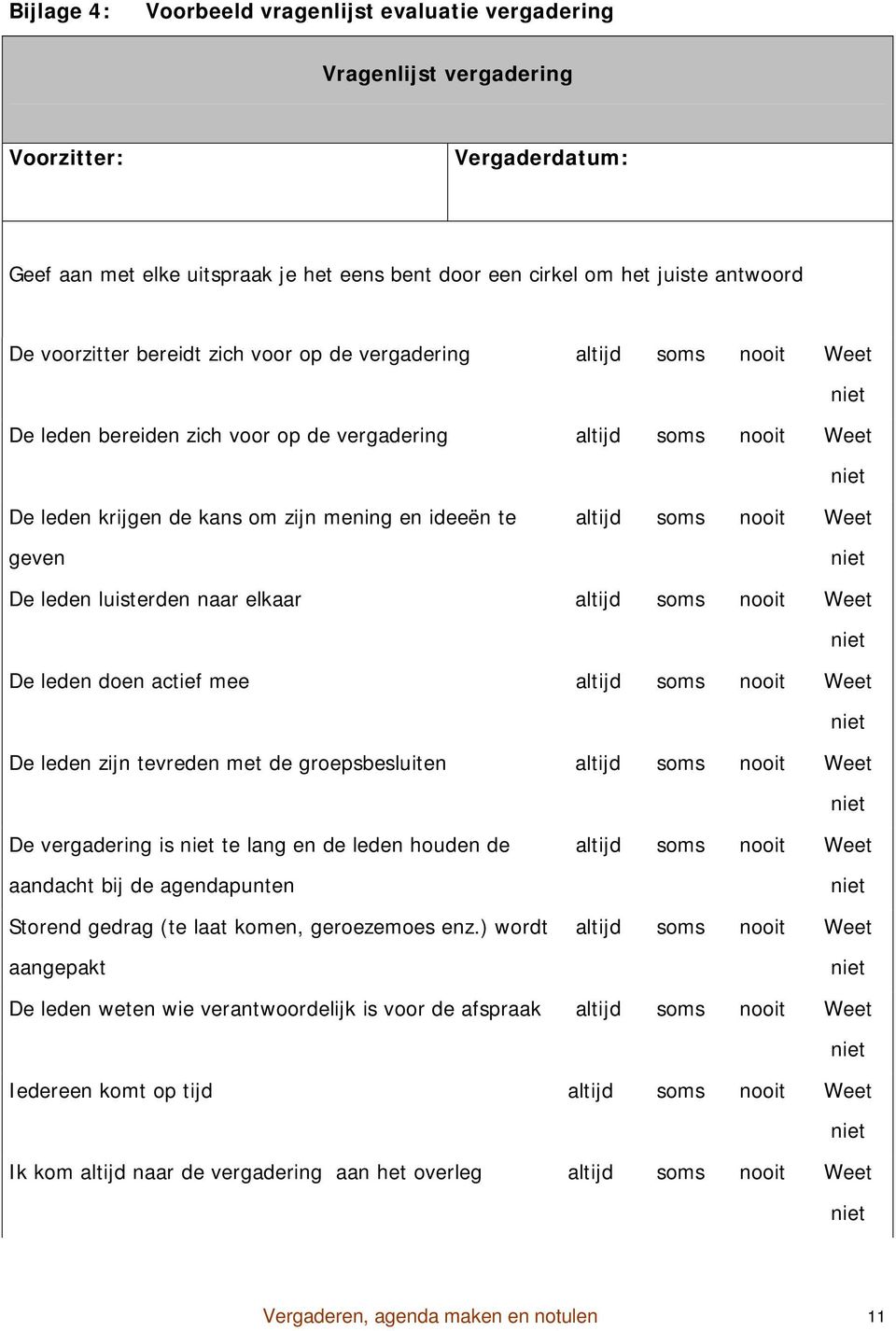 altijd soms nooit Weet De leden luisterden naar elkaar altijd soms nooit Weet De leden doen actief mee altijd soms nooit Weet De leden zijn tevreden met de groepsbesluiten altijd soms nooit Weet De