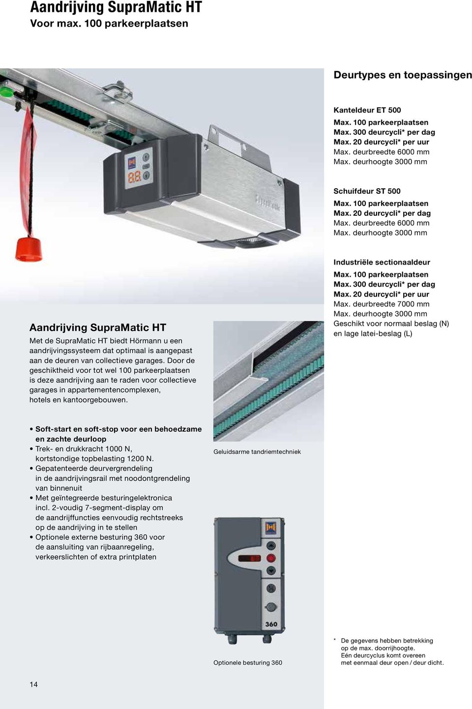 deurhoogte 3000 mm Aandrijving SupraMatic HT Met de SupraMatic HT biedt Hörmann u een aandrijvingssysteem dat optimaal is aangepast aan de deuren van collectieve garages.