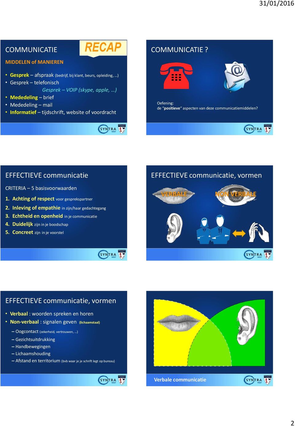 voordracht Oefening: de positieve aspecten van deze communicatiemiddelen? EFFECTIEVE communicatie EFFECTIEVE communicatie, vormen CRITERIA 5 basisvoorwaarden 1.