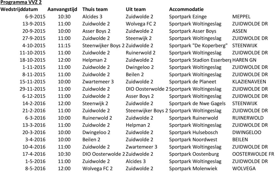 Boys 2 Zuidwolde 2 Sportpark "De Koperberg" STEENWIJK 11-10-2015 11:00 Zuidwolde 2 Ruinerwold 2 Sportpark Woltingeslag ZUIDWOLDE DR 18-10-2015 12:00 Helpman 2 Zuidwolde 2 Sportpark Stadion