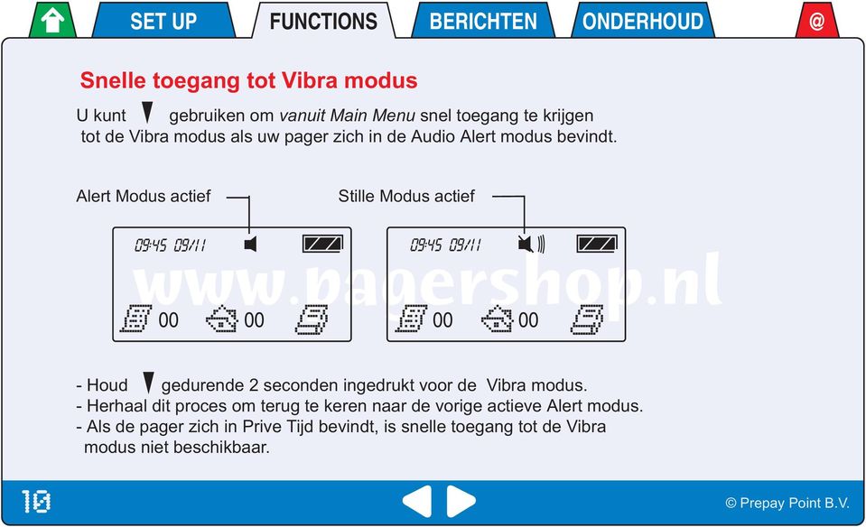 Alert Modus actief Stille Modus actief 09:45 09/1 1 09:45 09/1 1 00 00 00 00 - Houd gedurende 2 seconden ingedrukt voor de