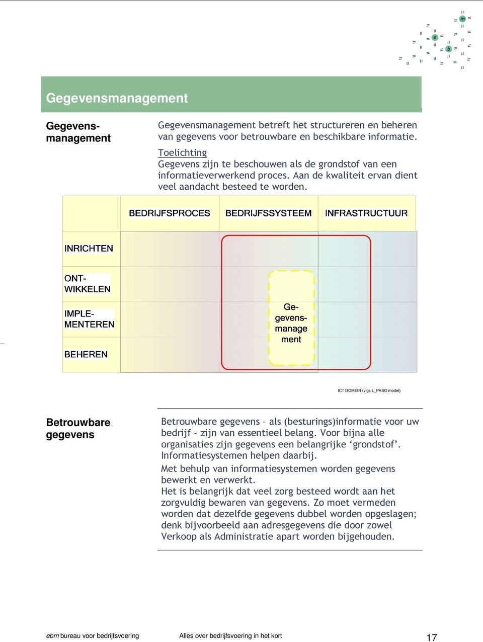 ICT DOMEIN (vlgs L_PASO model) Betrouwbare gegevens Betrouwbare gegevens als (besturings)informatie voor uw bedrijf - zijn van essentieel belang.