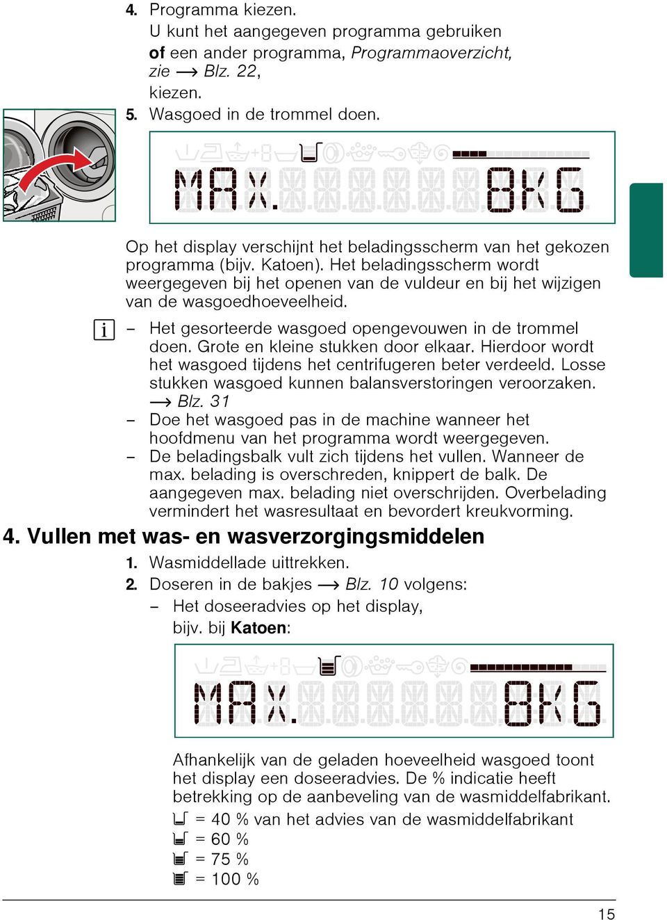 Het beladingsscherm wordt weergegeven bij het openen van de vuldeur en bij het wijzigen van de wasgoedhoeveelheid. Het gesorteerde wasgoed opengevouwen in de trommel doen.