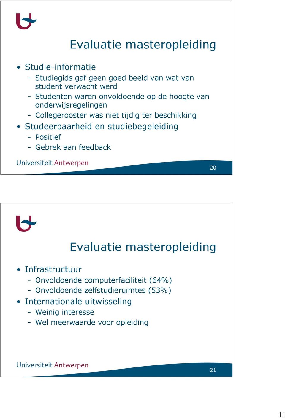 studiebegeleiding - Positief - Gebrek aan feedback 20 Evaluatie masteropleiding Infrastructuur - Onvoldoende