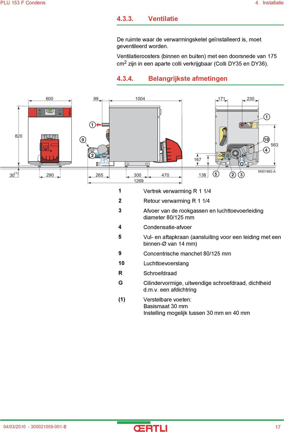 3.4. Belangrijkste afmetingen 600 99 1004 171 230 820 9 10 563 4 167 30 (1) 290 265 300 470 1269 138 5 3 M001962-A 1 Vertrek verwarming R 1 1/4 2 Retour verwarming R 1 1/4 3 Afvoer van de rookgassen