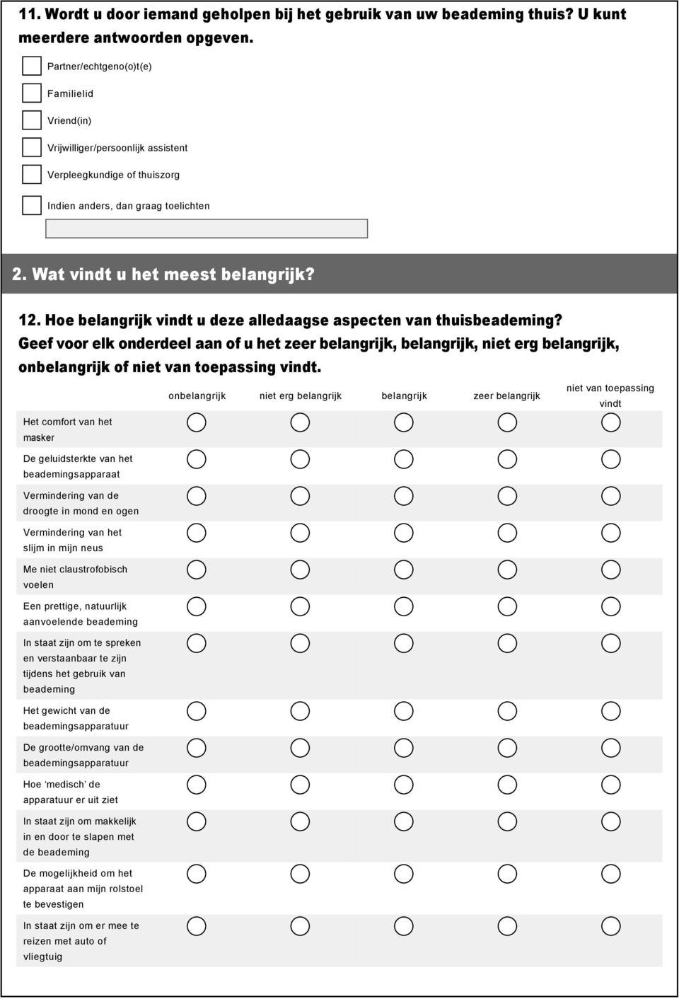 Hoe belangrijk vindt u deze alledaagse aspecten van thuisbeademing? Geef voor elk onderdeel aan of u het zeer belangrijk, belangrijk, niet erg belangrijk, onbelangrijk of niet van toepassing vindt.