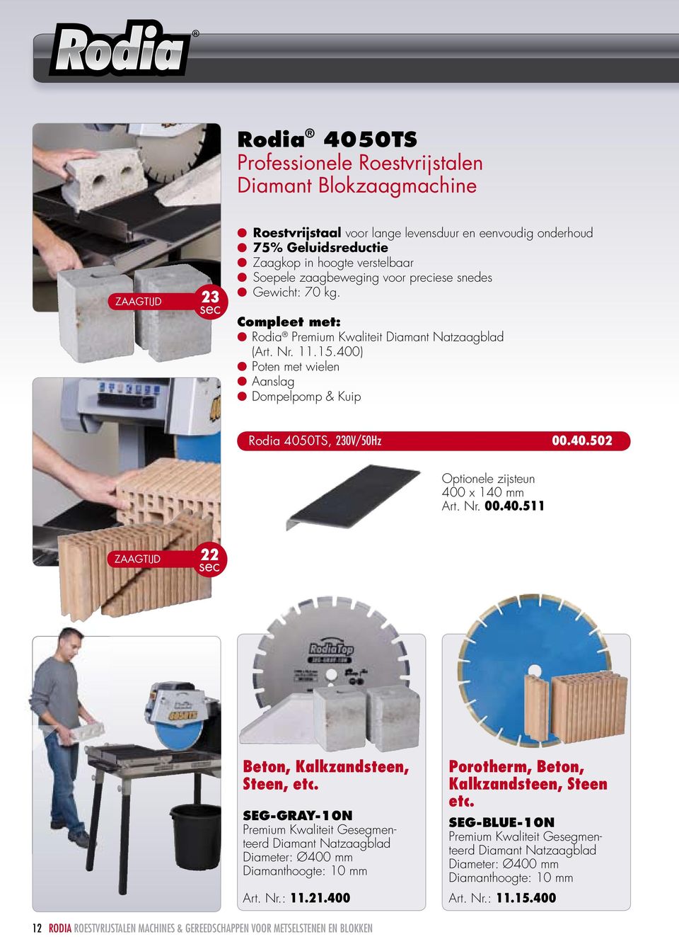400) l Poten met wielen l Aanslag l Dompelpomp & Kuip Rodia 4050TS, 0V/0Hz 00.40.502 Optionele zijsteun 400 x 140 mm Art. Nr. 00.40.511 22 Beton, Kalkzandsteen, Steen, etc.