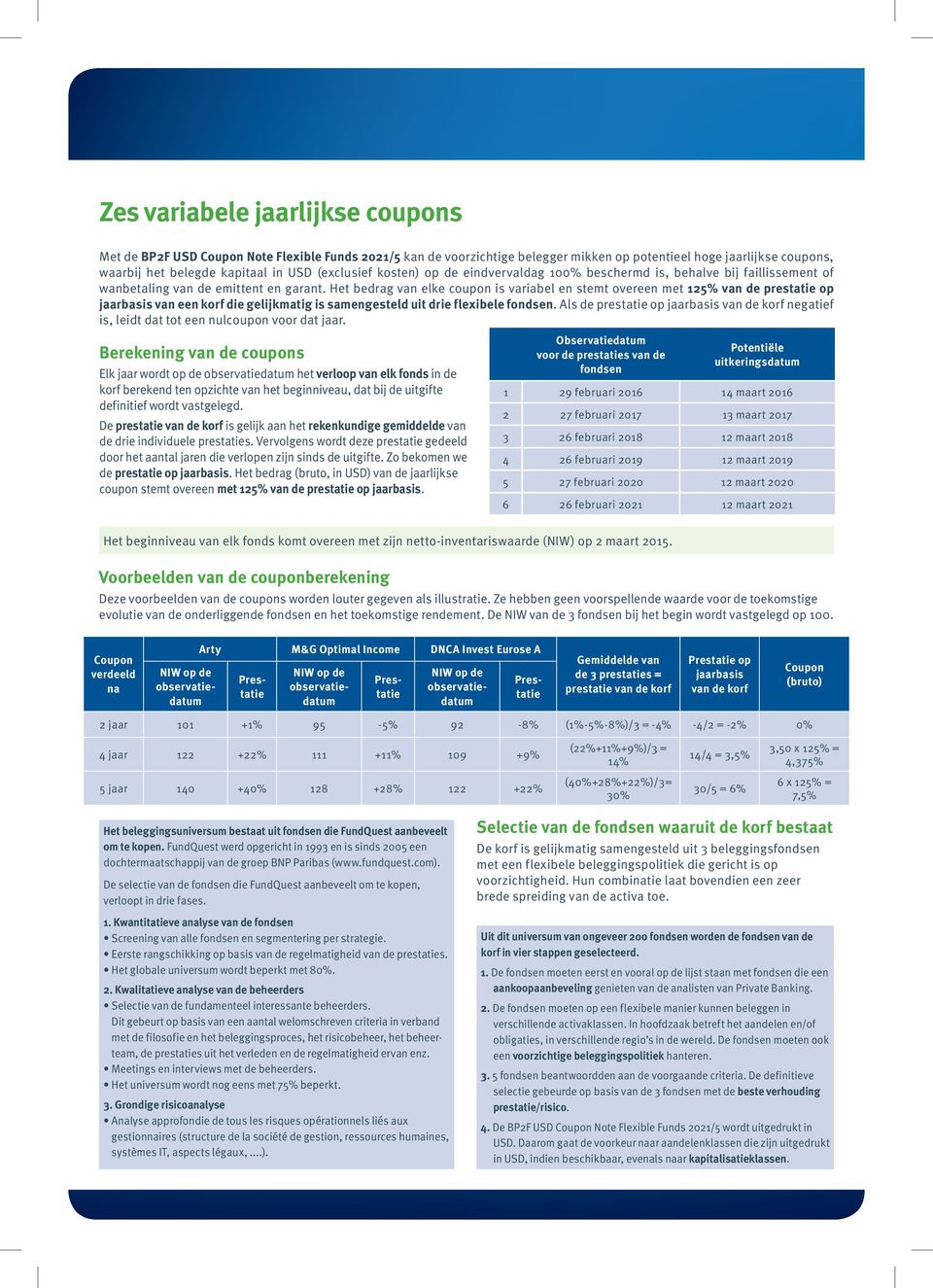 Het bedrag van elke coupon is variabel en stemt overeen met 125% van de prestatie op jaarbasis van een korf die gelijkmatig is samengesteld uit drie flexibele fondsen.