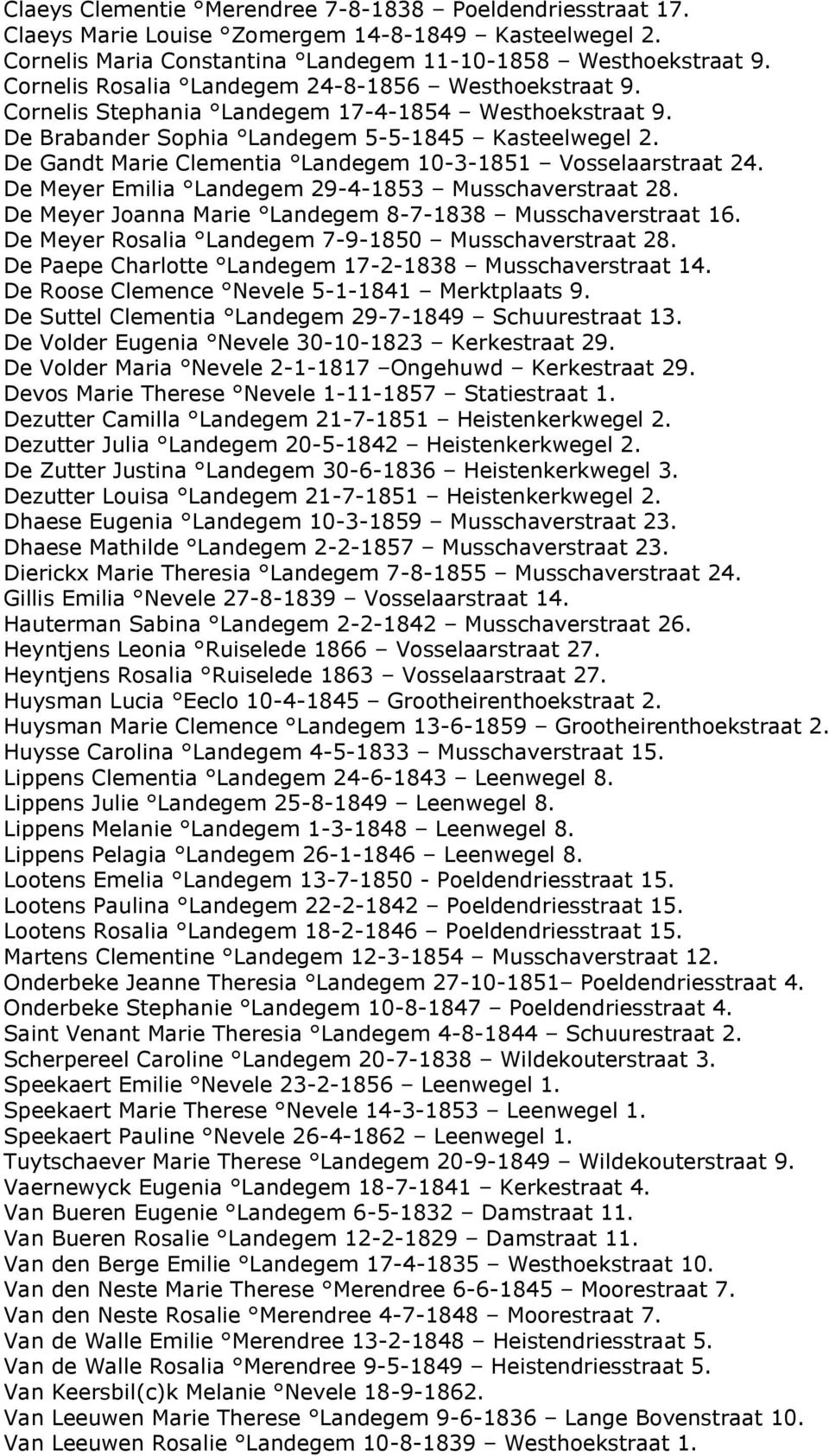 De Gandt Marie Clementia Landegem 10-3-1851 Vosselaarstraat 24. De Meyer Emilia Landegem 29-4-1853 Musschaverstraat 28. De Meyer Joanna Marie Landegem 8-7-1838 Musschaverstraat 16.