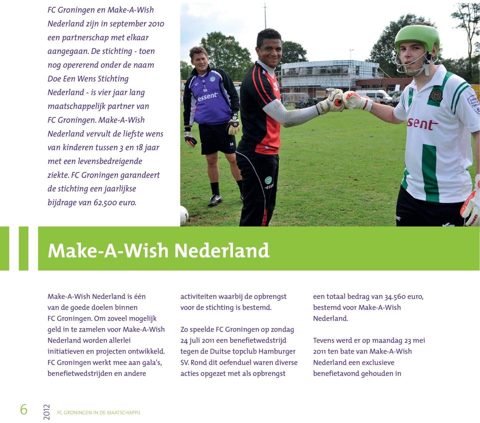 Make-A-Wish Nederland vervult de liefste wens van kinderen tussen 3 en 18 jaar met een levensbedreigende ziekte. FC Groningen garandeert de stichting een jaarlijkse bijdrage van 62.500 euro.