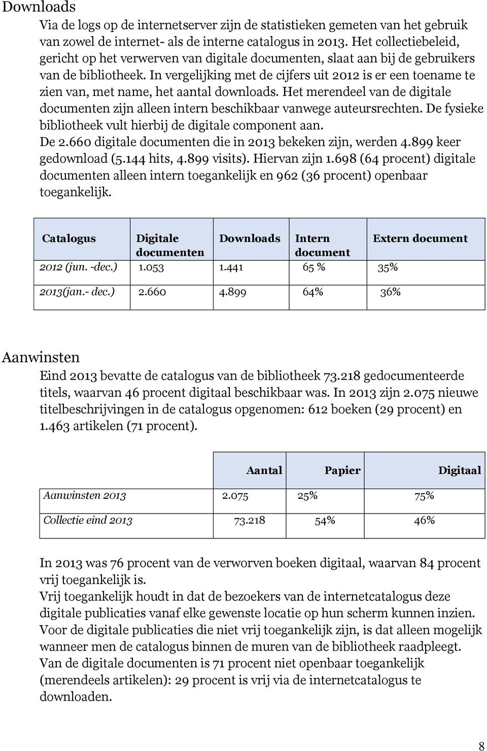 In vergelijking met de cijfers uit 2012 is er een toename te zien van, met name, het aantal downloads. Het merendeel van de digitale documenten zijn alleen intern beschikbaar vanwege auteursrechten.