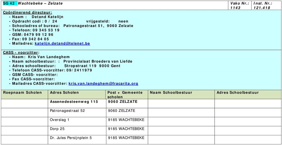 be - Naam: Kris Van Landeghem - Naam schoolbestuur: : Provincialaat Broeders van Liefde - Adres schoolbestuur: Stropstraat 119 9000 Gent - Telefoon CASS-voorzitter: 09/2411979 - GSM CASS-