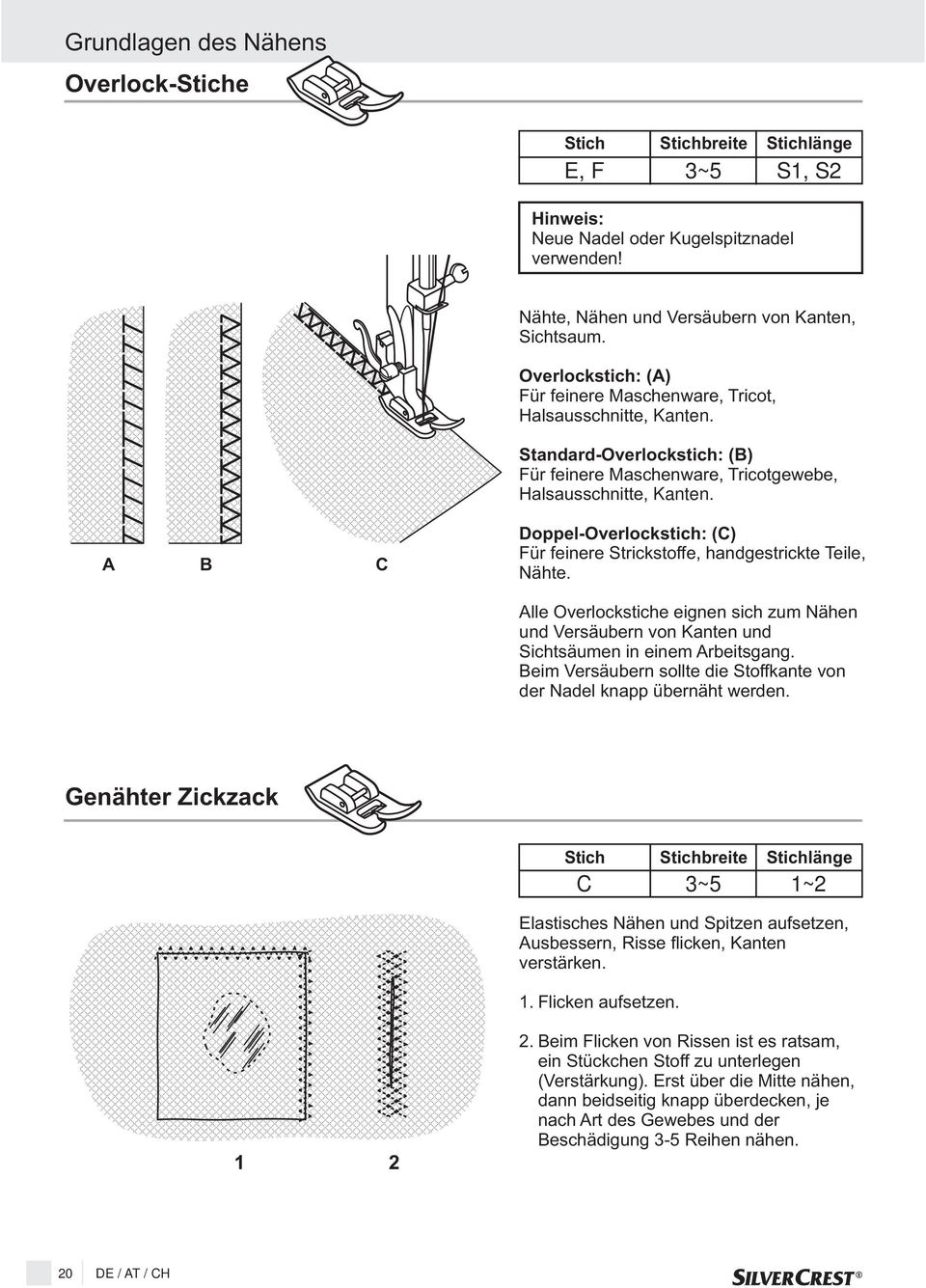 A B C Doppel-Overlockstich: (C) Für feinere Strickstoffe, handgestrickte Teile, Nähte. Alle Overlockstiche eignen sich zum Nähen und Versäubern von Kanten und Sichtsäumen in einem Arbeitsgang.