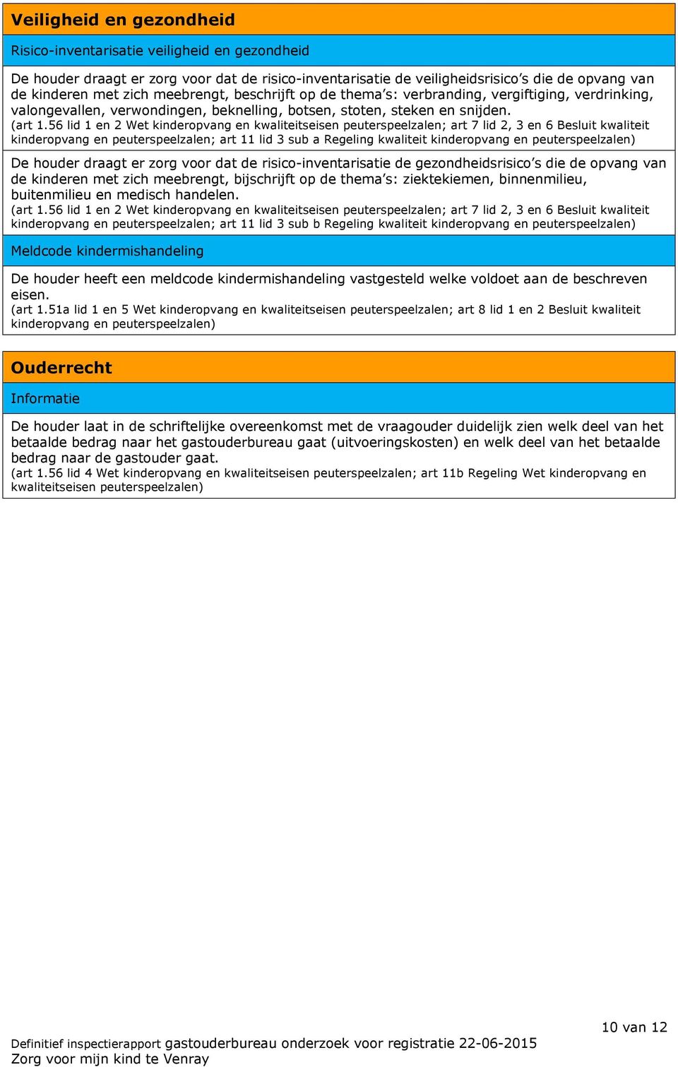 56 lid 1 en 2 Wet kinderopvang en kwaliteitseisen peuterspeelzalen; art 7 lid 2, 3 en 6 Besluit kwaliteit kinderopvang en peuterspeelzalen; art 11 lid 3 sub a Regeling kwaliteit kinderopvang en