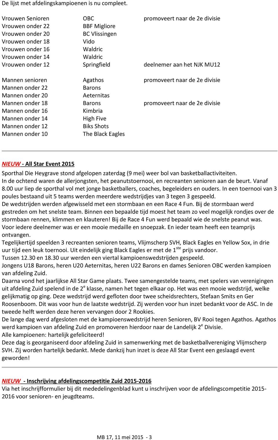 12 Springfield deelnemer aan het NJK MU12 Mannen senioren Agathos promoveert naar de 2e divisie Mannen onder 22 Barons Mannen onder 20 Aeternitas Mannen onder 18 Barons promoveert naar de 2e divisie