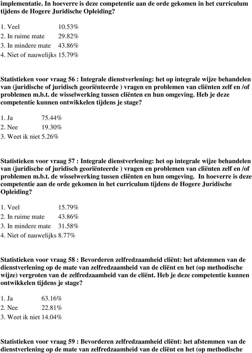 79% Statistieken voor vraag 56 : Integrale dienstverlening: het op integrale wijze behandelen van (juridische of juridisch georiënteerde ) vragen en problemen van cliënten zelf en /of problemen m.b.t. de wisselwerking tussen cliënten en hun omgeving.