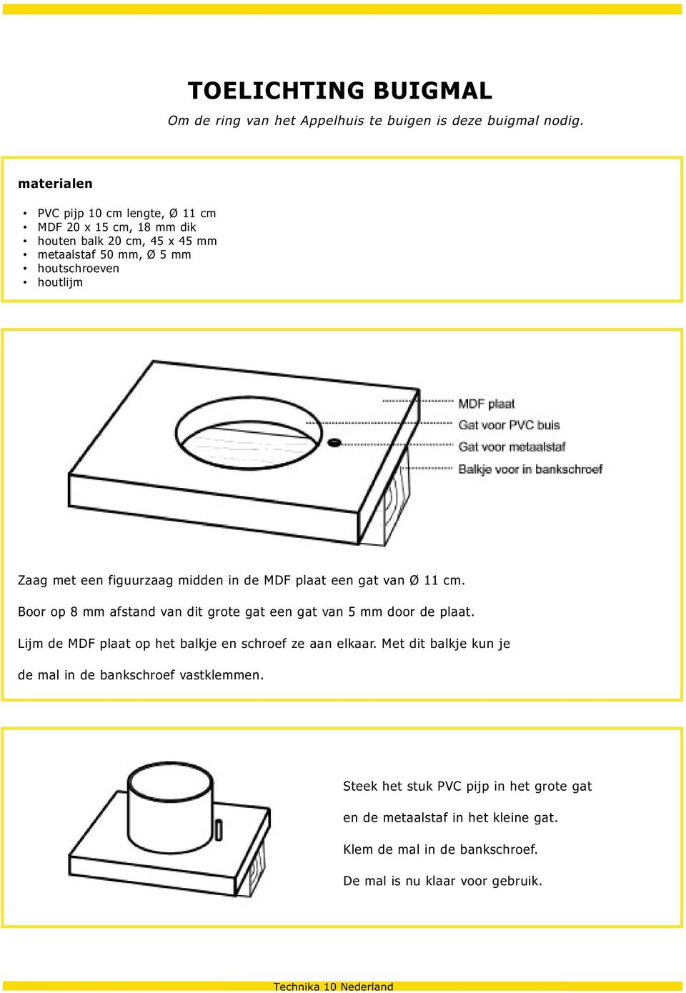 een figuurzaag midden in de MDF plaat een gat van Ø 11 cm. Boor op 8 mm afstand van dit grote gat een gat van 5 mm door de plaat.