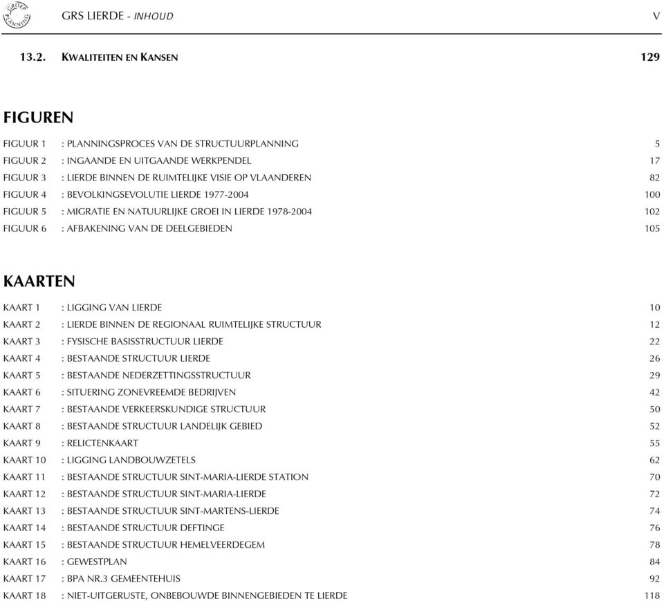 FIGUUR 4 : BEVOLKINGSEVOLUTIE LIERDE 1977-2004 100 FIGUUR 5 : MIGRATIE EN NATUURLIJKE GROEI IN LIERDE 1978-2004 102 FIGUUR 6 : AFBAKENING VAN DE DEELGEBIEDEN 105 KAARTEN KAART 1 : LIGGING VAN LIERDE