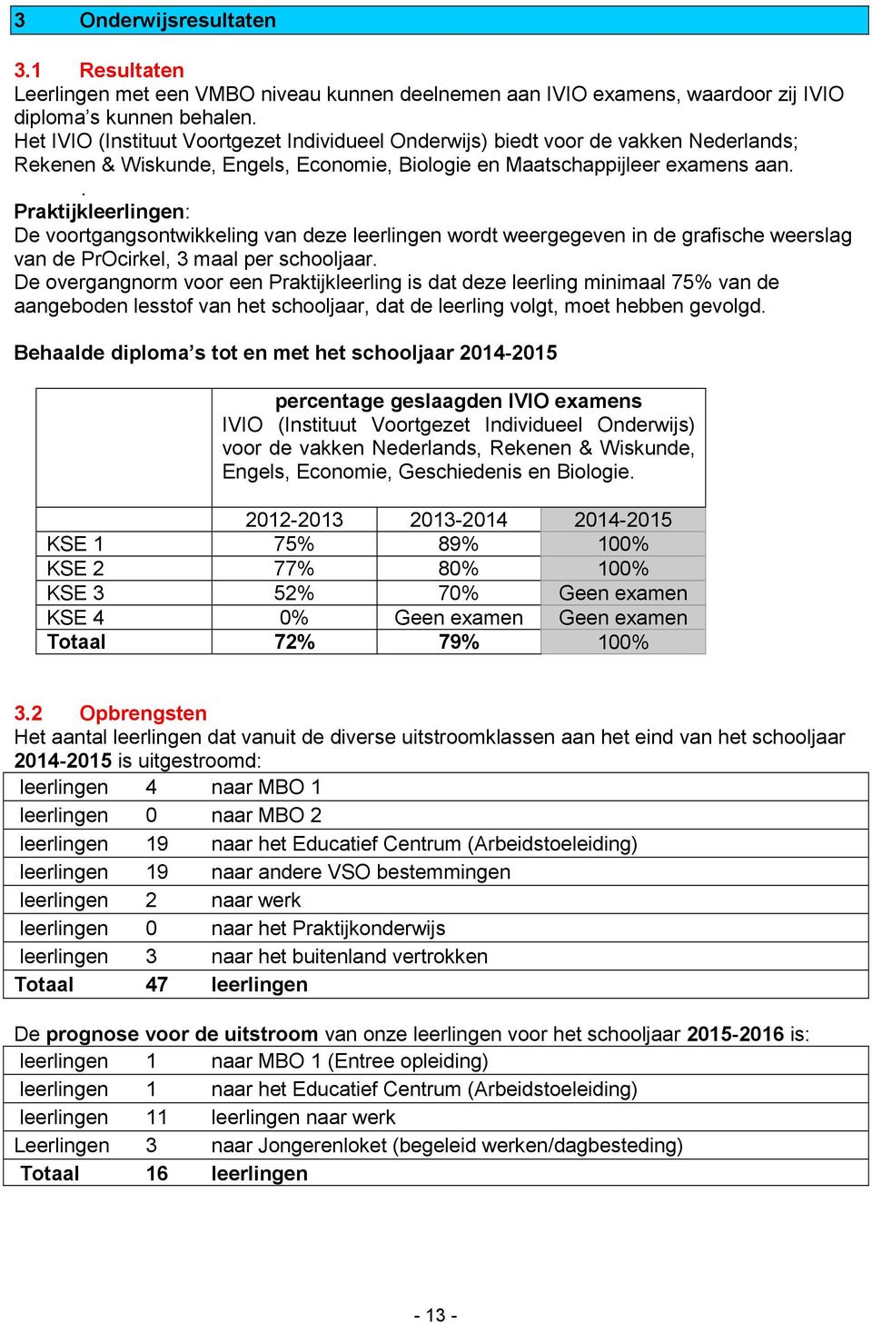 . Praktijkleerlingen: De voortgangsontwikkeling van deze leerlingen wordt weergegeven in de grafische weerslag van de PrOcirkel, 3 maal per schooljaar.