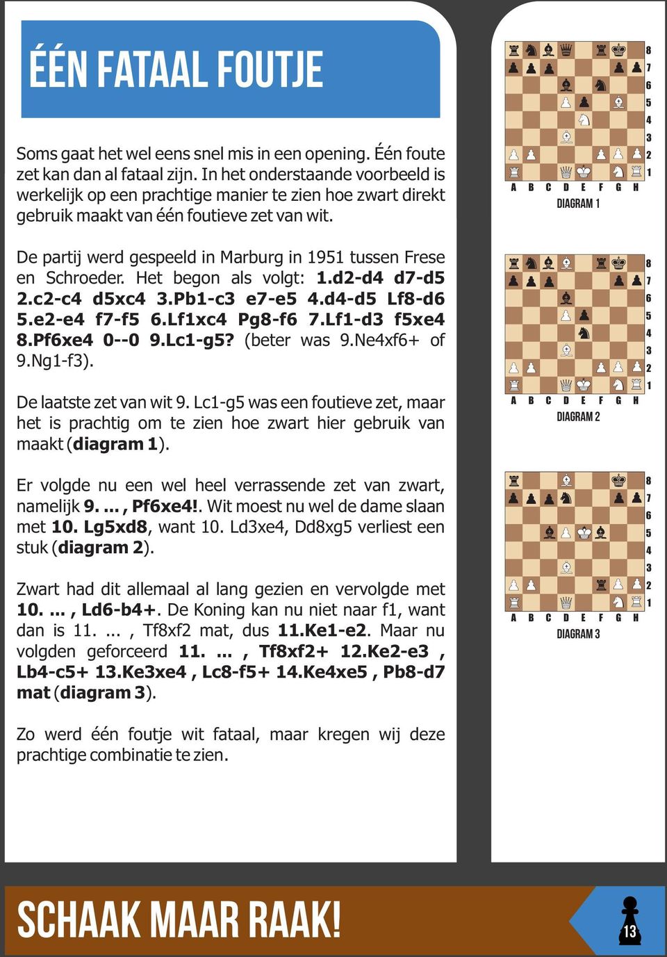 De partij werd gespeeld in Marburg in 9 tussen Frese en Schroeder. Het begon als volgt:.d-d d-d.c-c dxc.pb-c e-e.d-d Lf-d.e-e f-f.lfxc Pg-f.Lf-d fxe.pfxe 0--0 9.Lc-g? (beter was 9.Nexf+ of 9.Ng-f).