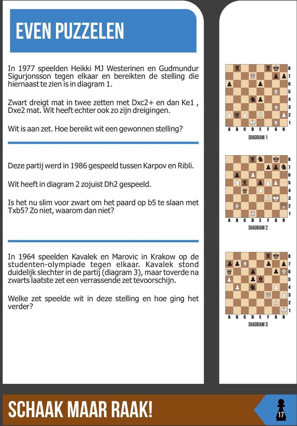 diagram Deze partij werd in 9 gespeeld tussen Karpov en Ribli. Wit heeft in diagram zojuist Dh gespeeld. Is het nu slim voor zwart om het paard op b te slaan met Txb? Zo niet, waarom dan niet?