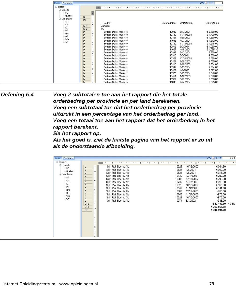 Voeg een totaal toe aan het rapport dat het orderbedrag in het rapport berekent. Sla het rapport op.