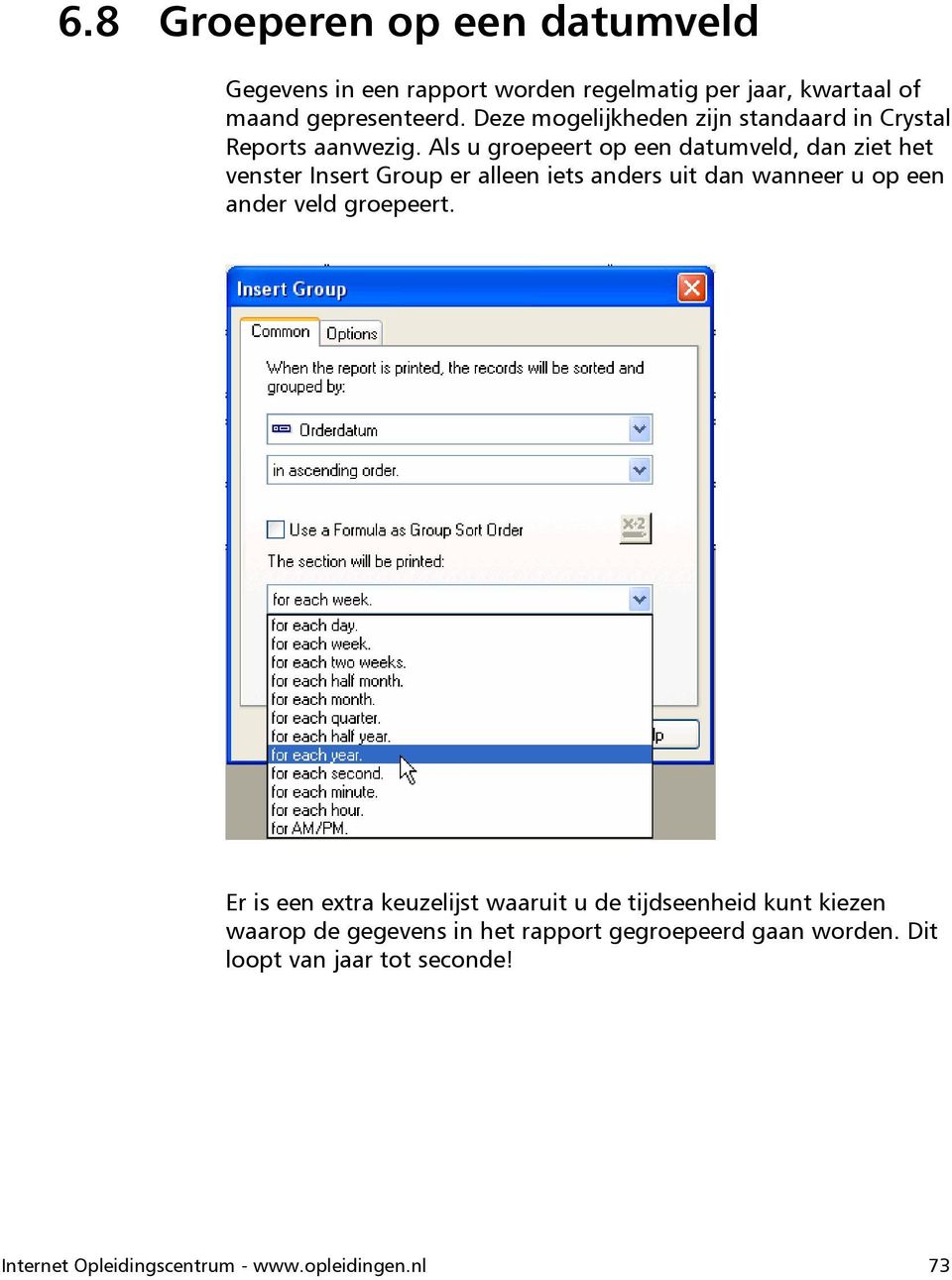 Als u groepeert op een datumveld, dan ziet het venster Insert Group er alleen iets anders uit dan wanneer u op een ander veld