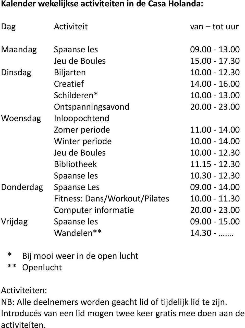 30 Spaanse les 10.30-12.30 Donderdag Spaanse Les 09.00-14.00 Fitness: Dans/Workout/Pilates 10.00-11.30 Computer informatie 20.00-23.00 Vrijdag Spaanse les 09.00-15.00 Wandelen** 14.30 -.