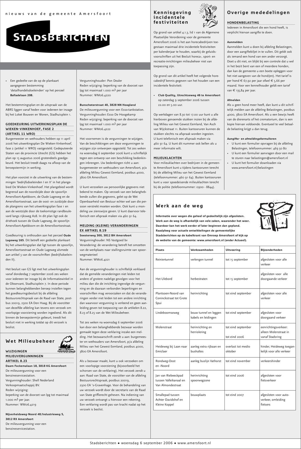 GOEDKEURING UITWERKINGSPLAN DE WIEKEN-VINKENHOEF, FASE 2 (ARTIKEL 11 WRO) Burgemeester en wethouders hebben op 11 april 2006 het uitwerkingsplan De Wieken-Vinkenhoef, fase 2 (artikel 11 WRO)