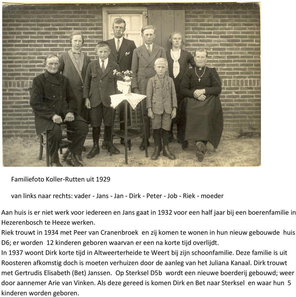 Riek trouwt in 1934 met Peer van Cranenbroek en zij komen te wonen in hun nieuw gebouwde huis D6; er worden 12 kinderen geboren waarvan er een na korte tijd overlijdt.