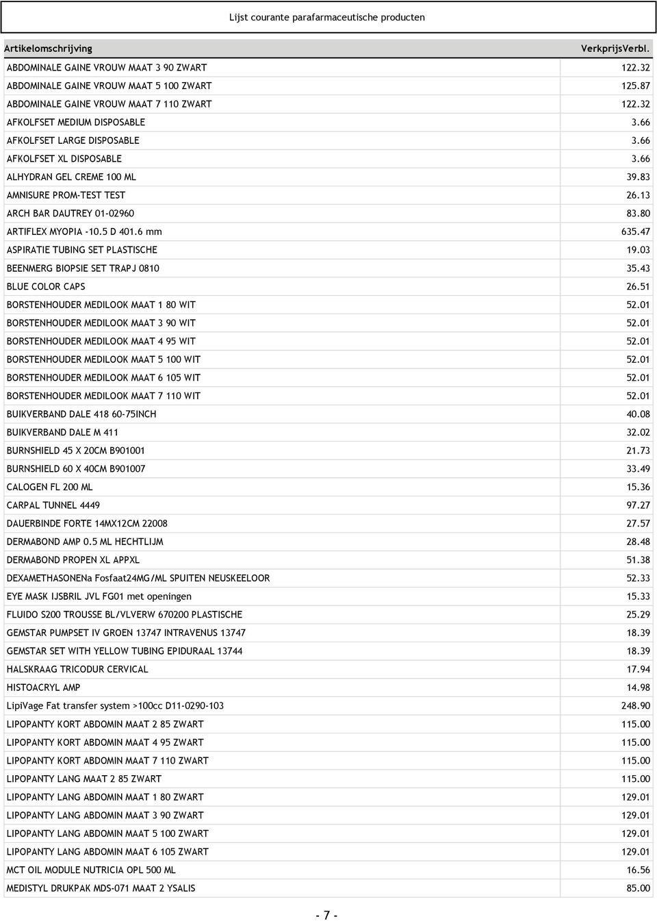 83 AMNISURE PROM-TEST TEST 26.13 ARCH BAR DAUTREY 01-02960 83.80 ARTIFLEX MYOPIA -10.5 D 401.6 mm 635.47 ASPIRATIE TUBING SET PLASTISCHE 19.03 BEENMERG BIOPSIE SET TRAPJ 0810 35.43 BLUE COLOR CAPS 26.