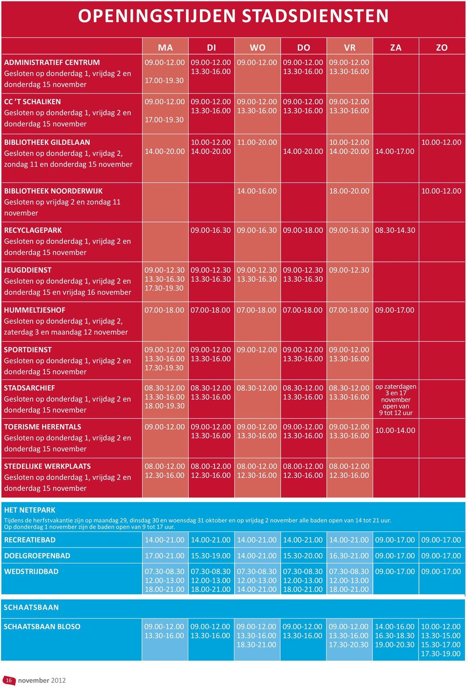00-12.00 14.00-20.00 11.00-20.00 14.00-20.00 10.00-12.00 14.00-20.00 14.00-17.00 10.00-12.00 BIBLIOTHEEK NOORDERWIJK Gesloten op vrijdag 2 en zondag 11 november RECYCLAGEPARK Gesloten op donderdag 1, vrijdag 2 en donderdag 15 november 14.