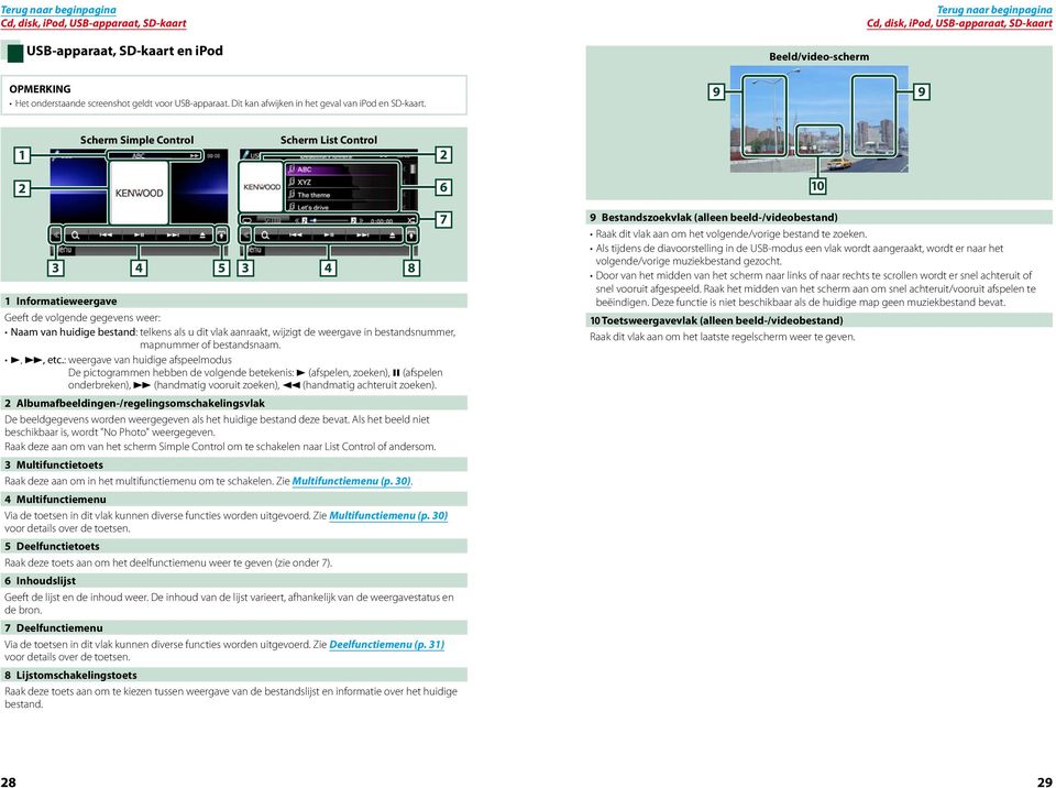 Scherm Simple Control 1 Scherm List Control 2 6 2 7 3 4 5 3 4 9 8 1 Informatieweergave Geeft de volgende gegevens weer: Naam van huidige bestand: telkens als u dit vlak aanraakt, wijzigt de weergave