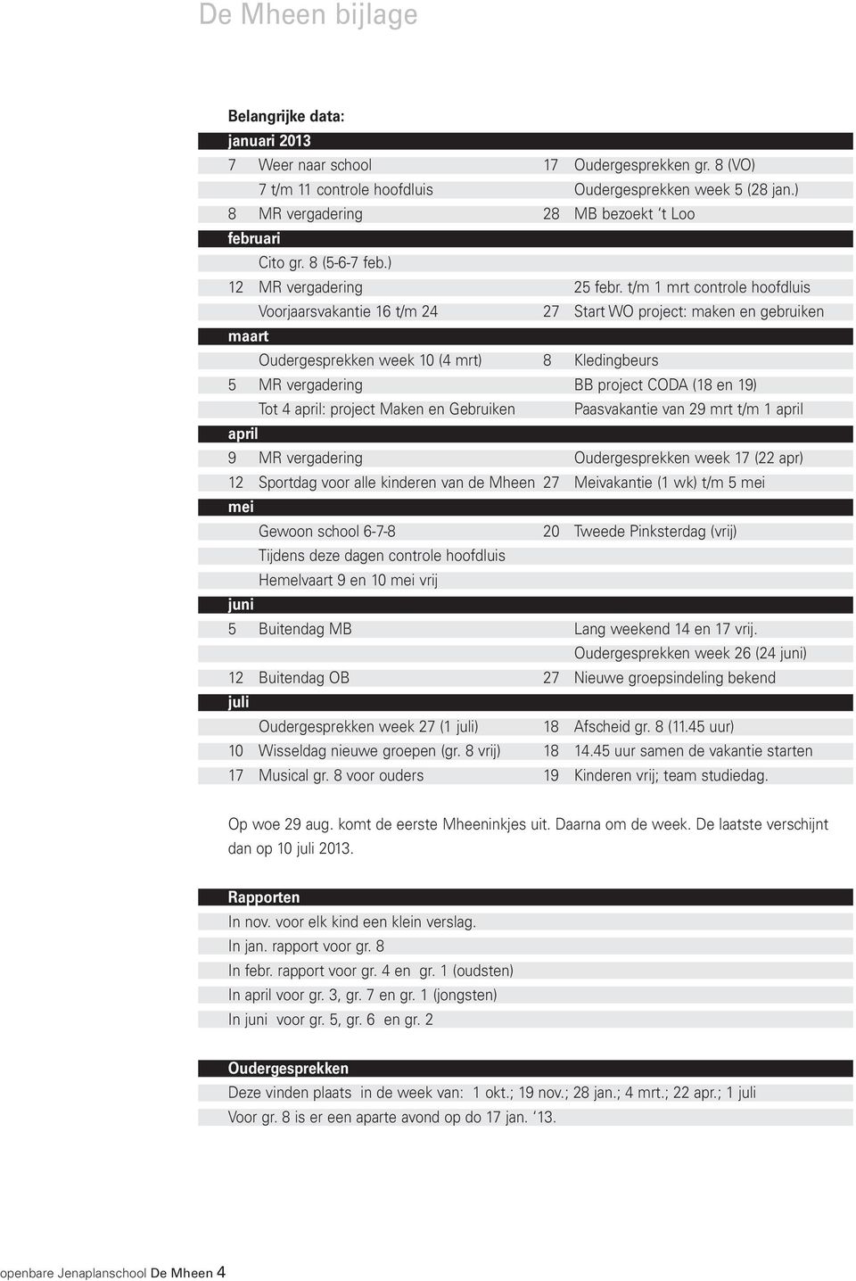 t/m 1 mrt controle hoofdluis Voorjaarsvakantie 16 t/m 24 27 Start WO project: maken en gebruiken maart Oudergesprekken week 10 (4 mrt) 8 Kledingbeurs 5 MR vergadering BB project CODA (18 en 19) Tot 4