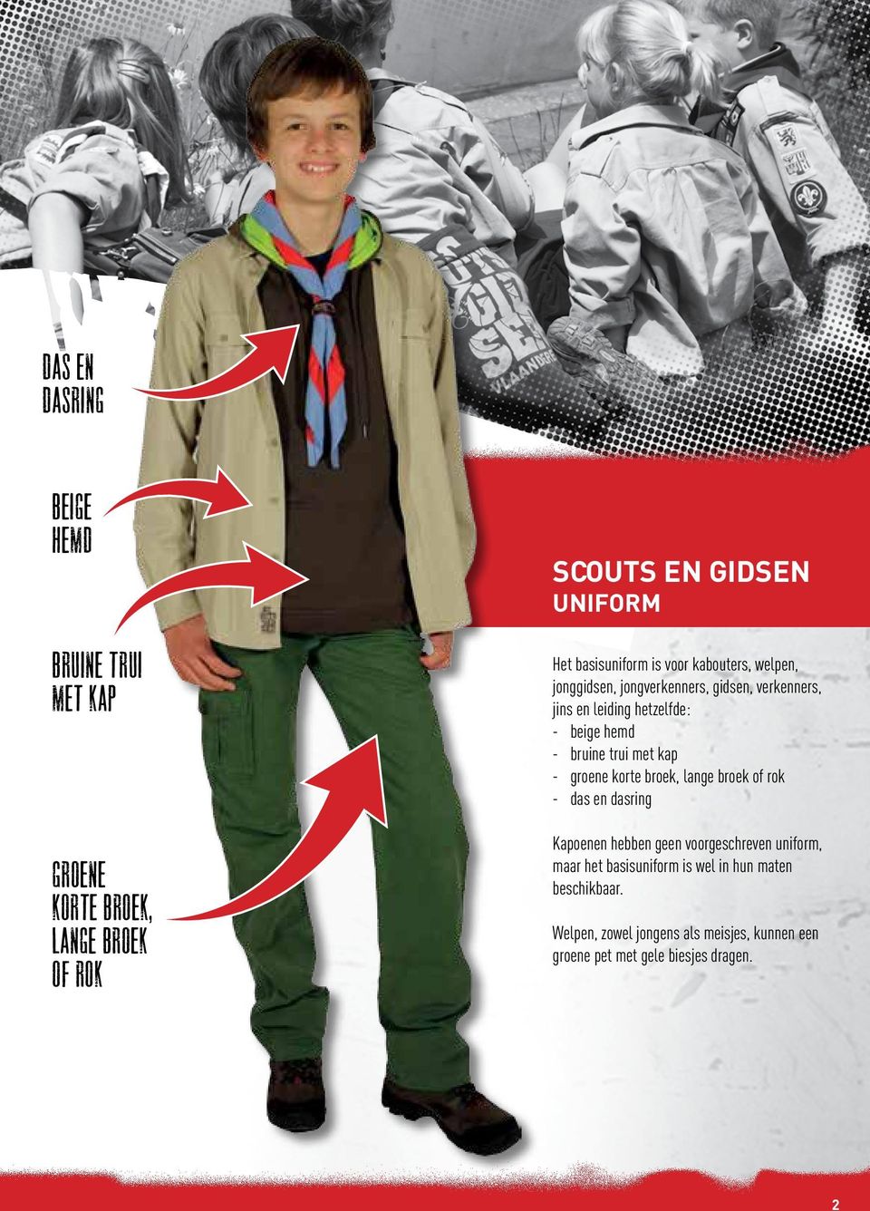 trui met kap - groene korte broek, lange broek of rok - das en dasring Kapoenen hebben geen voorgeschreven uniform, maar het