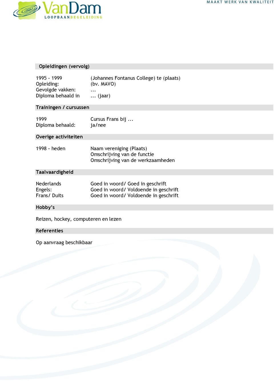 .. Diploma behaald: ja/nee Overige activiteiten 1998 - heden Naam vereniging (Plaats) Omschrijving van de functie Omschrijving van de