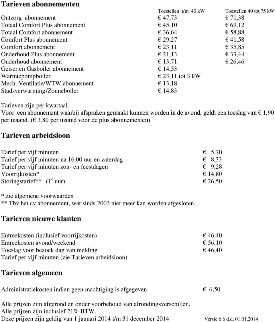 Ventilatie/WTW abonnement 13,18 Stadsverwarming /Zonneboiler 14,83 Tarieven zijn per kwartaal.