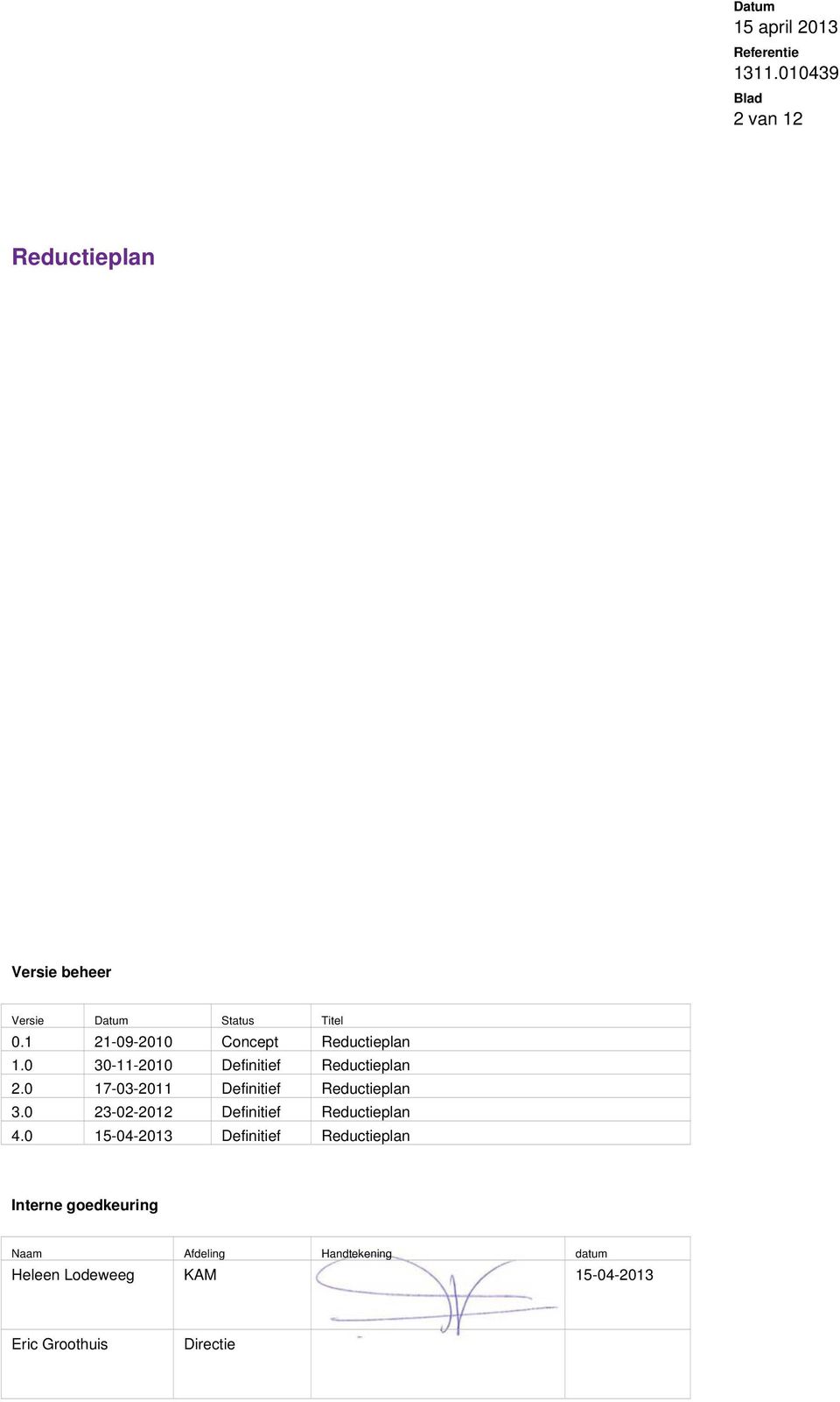0 17-03-2011 Definitief Reductieplan 3.0 23-02-2012 Definitief Reductieplan 4.