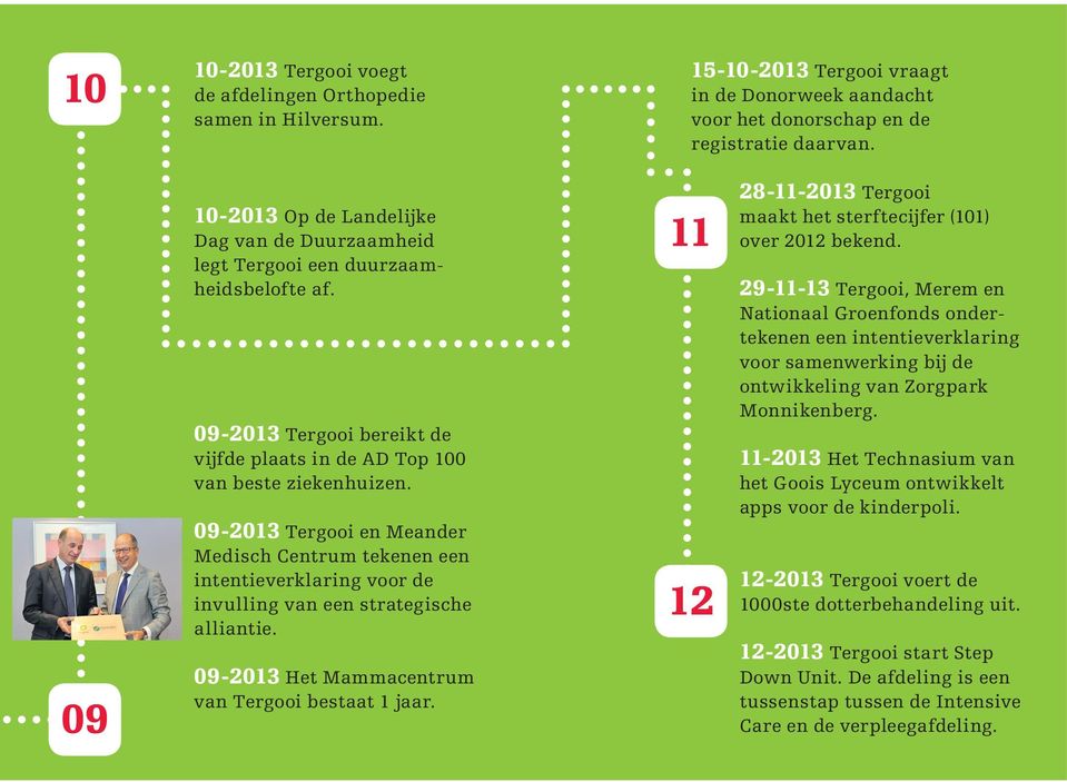 09-2013 Tergooi en Meander Medisch Centrum tekenen een intentieverklaring voor de invulling van een strategische alliantie. 09-2013 Het Mammacentrum van Tergooi bestaat 1 jaar.