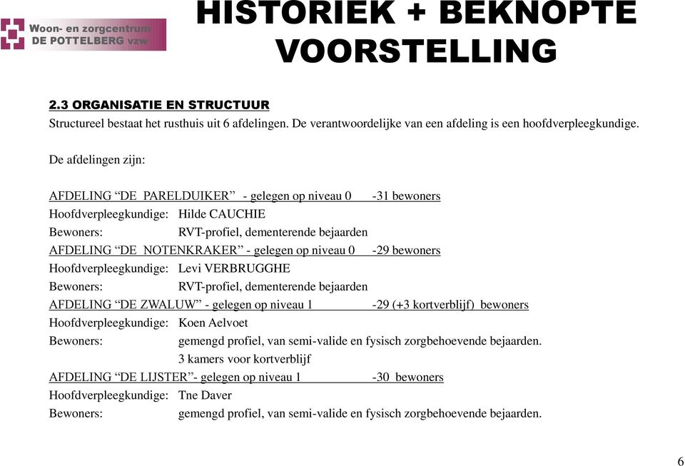 Hoofdverpleegkundige: Levi VERBRUGGHE RVT-profiel, dementerende bejaarden AFDELING DE ZWALUW - gelegen op niveau 1 Hoofdverpleegkundige: Koen Aelvoet -29 bewoners -29 (+3 kortverblijf) bewoners