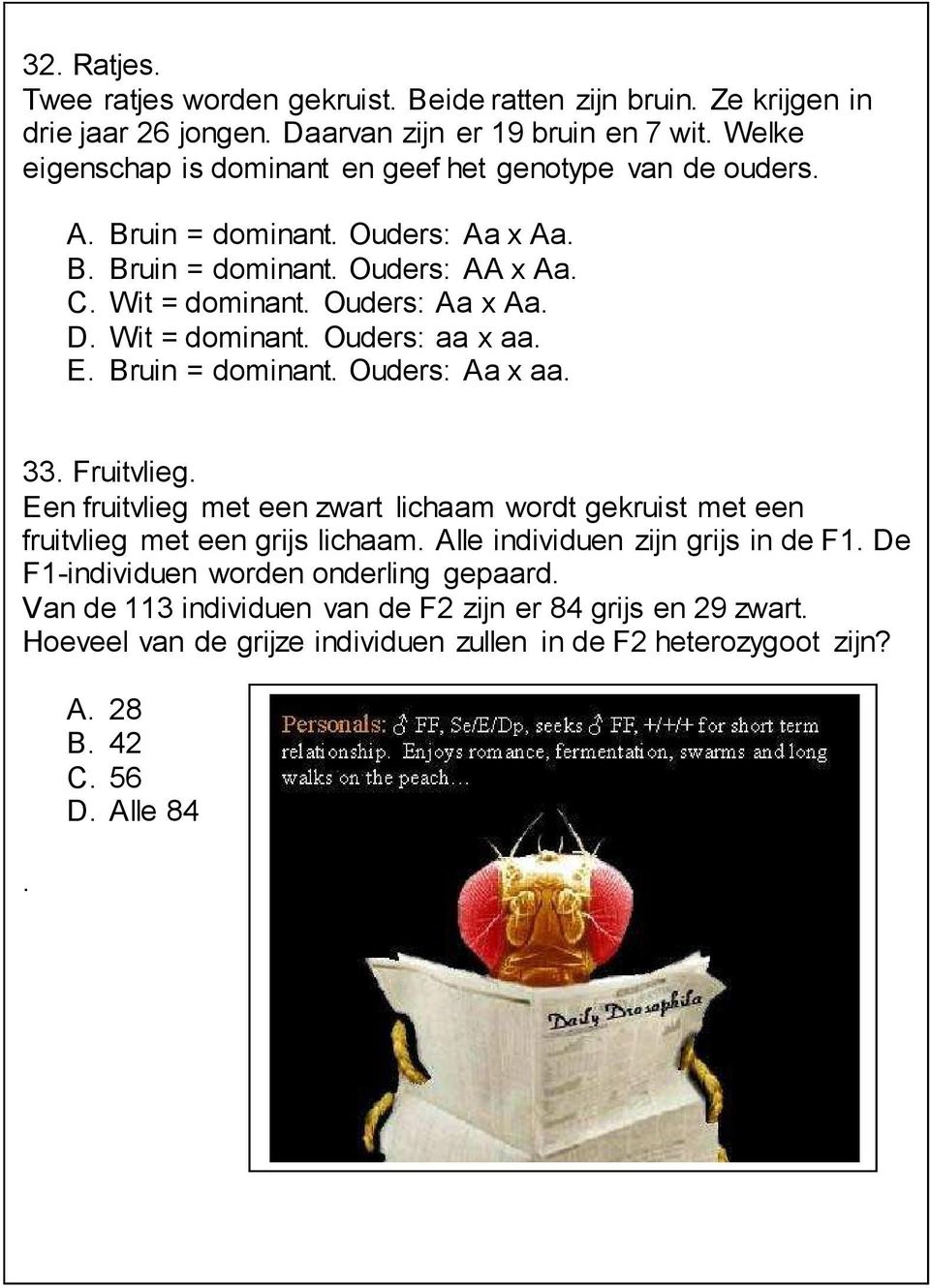 Wit = dominant. Ouders: aa x aa. E. Bruin = dominant. Ouders: Aa x aa. 33. Fruitvlieg. Een fruitvlieg met een zwart lichaam wordt gekruist met een fruitvlieg met een grijs lichaam.